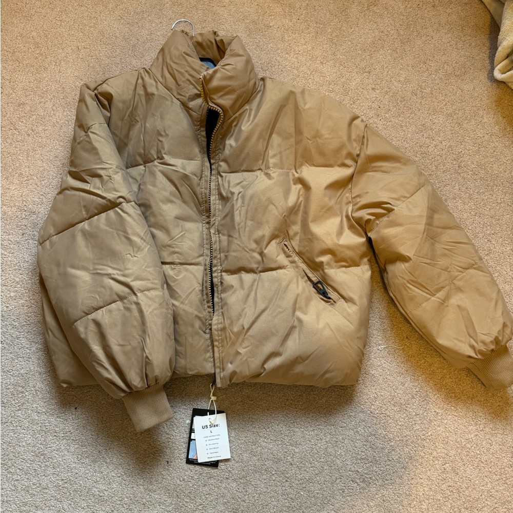 Womens Casual Puffer Jacket Long Sleeve Full Zip Tan Padded Winter Coat